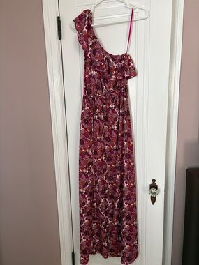 Liberty of London One-Shoulder Floral Maxi Dress in Fuchsia and Burgundy